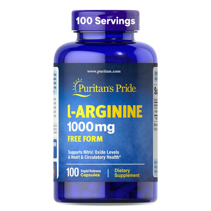 Puritan's Pride L-Arginin 1000 mg – Nahrungsergänzungsmittel zur Unterstützung des Stickstoffmonoxidspiegels und der Herz- und Kreislaufgesundheit, 100 Tabletten (100-Tage-Vorrat)
