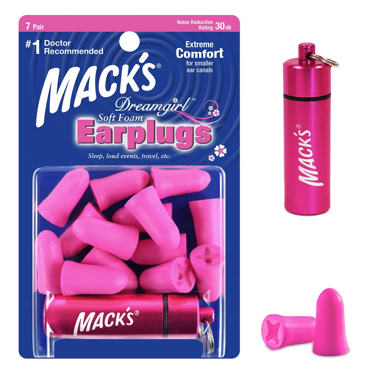 Mack's Dreamgirl Schaumstoff-Ohrstöpsel, 7 Paar mit Reiseetui – Kleine Ohrstöpsel für Schlafen, Schnarchen, Lernen, laute Veranstaltungen, Reisen und Konzerte