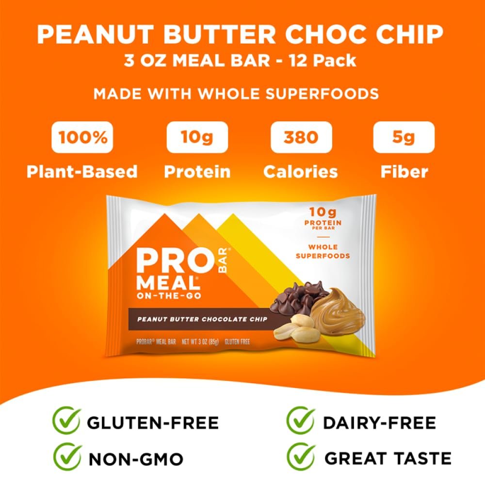 PROBAR MEAL Riegel Peanut Butter Chocolate Chip – 12er Pack, Nicht-GVO, Glutenfrei, Pflanzlich, Vollwertige Zutaten