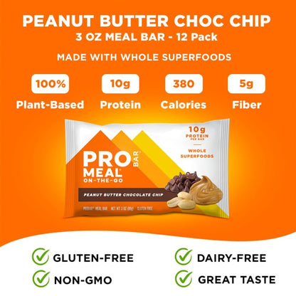 PROBAR MEAL Riegel Peanut Butter Chocolate Chip – 12er Pack, Nicht-GVO, Glutenfrei, Pflanzlich, Vollwertige Zutaten