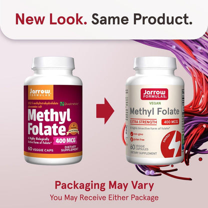 Jarrow Formulas Extra Starkes Methylfolat 400 mcg – Nahrungsergänzungsmittel für Herz-Kreislauf- und neurologische Gesundheit, 60 vegane Kapseln, 60 Tage Vorrat