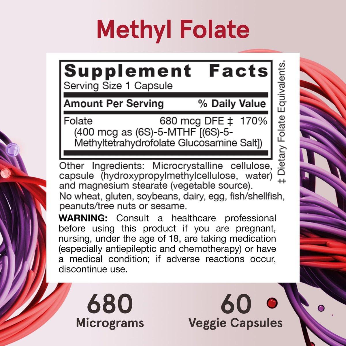 Jarrow Formulas Extra Starkes Methylfolat 400 mcg – Nahrungsergänzungsmittel für Herz-Kreislauf- und neurologische Gesundheit, 60 vegane Kapseln, 60 Tage Vorrat