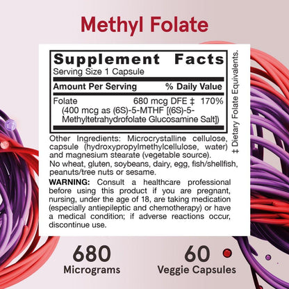 Jarrow Formulas Extra Starkes Methylfolat 400 mcg – Nahrungsergänzungsmittel für Herz-Kreislauf- und neurologische Gesundheit, 60 vegane Kapseln, 60 Tage Vorrat