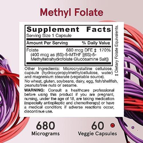 Jarrow Formulas Extra Starkes Methylfolat 400 mcg – Nahrungsergänzungsmittel für Herz-Kreislauf- und neurologische Gesundheit, 60 vegane Kapseln, 60 Tage Vorrat