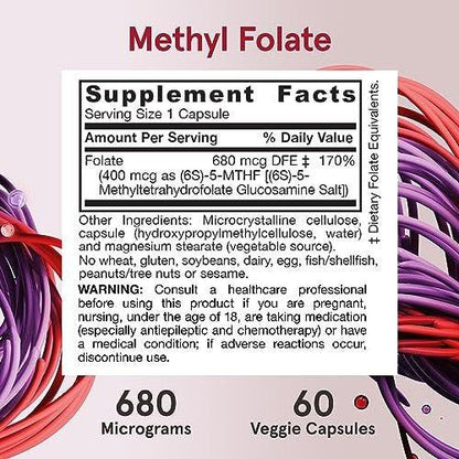 Jarrow Formulas Extra Starkes Methylfolat 400 mcg – Nahrungsergänzungsmittel für Herz-Kreislauf- und neurologische Gesundheit, 60 vegane Kapseln, 60 Tage Vorrat