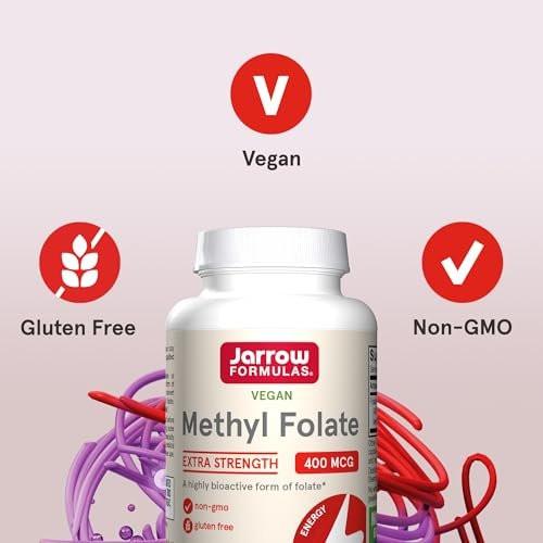 Jarrow Formulas Extra Starkes Methylfolat 400 mcg – Nahrungsergänzungsmittel für Herz-Kreislauf- und neurologische Gesundheit, 60 vegane Kapseln, 60 Tage Vorrat