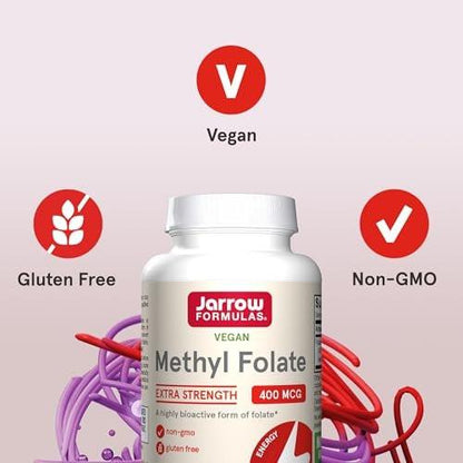 Jarrow Formulas Extra Starkes Methylfolat 400 mcg – Nahrungsergänzungsmittel für Herz-Kreislauf- und neurologische Gesundheit, 60 vegane Kapseln, 60 Tage Vorrat