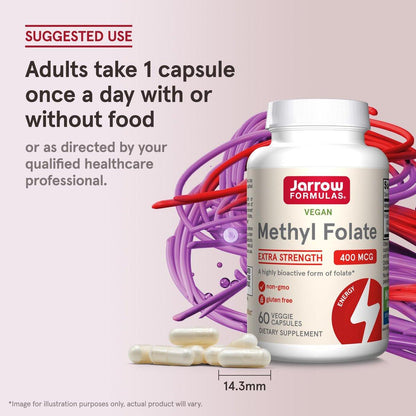 Jarrow Formulas Extra Starkes Methylfolat 400 mcg – Nahrungsergänzungsmittel für Herz-Kreislauf- und neurologische Gesundheit, 60 vegane Kapseln, 60 Tage Vorrat