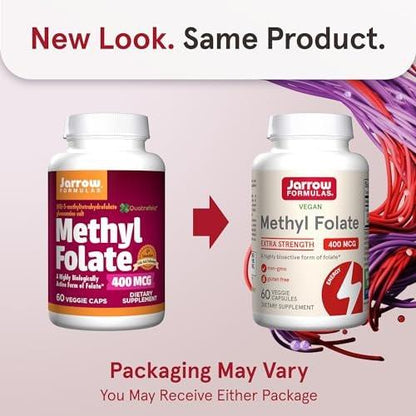 Jarrow Formulas Extra Starkes Methylfolat 400 mcg – Nahrungsergänzungsmittel für Herz-Kreislauf- und neurologische Gesundheit, 60 vegane Kapseln, 60 Tage Vorrat