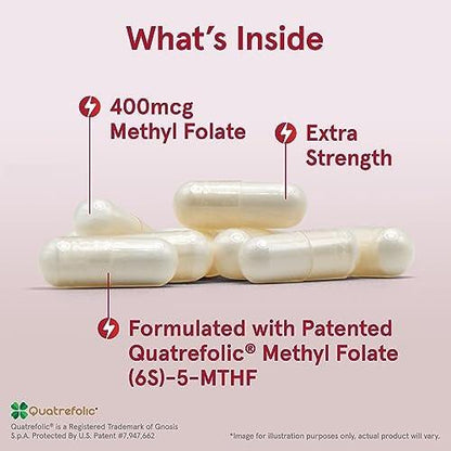 Jarrow Formulas Extra Starkes Methylfolat 400 mcg – Nahrungsergänzungsmittel für Herz-Kreislauf- und neurologische Gesundheit, 60 vegane Kapseln, 60 Tage Vorrat