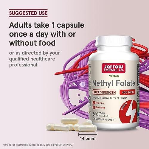 Jarrow Formulas Extra Starkes Methylfolat 400 mcg – Nahrungsergänzungsmittel für Herz-Kreislauf- und neurologische Gesundheit, 60 vegane Kapseln, 60 Tage Vorrat