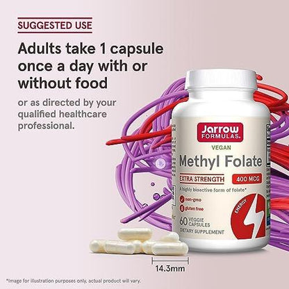 Jarrow Formulas Extra Starkes Methylfolat 400 mcg – Nahrungsergänzungsmittel für Herz-Kreislauf- und neurologische Gesundheit, 60 vegane Kapseln, 60 Tage Vorrat