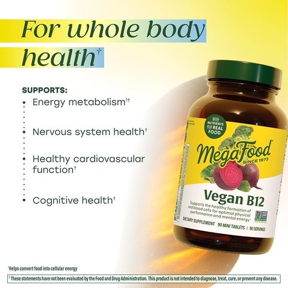 MegaFood Vegan Vitamin B12 mit Vitamin B6, B12 und Folsäure – Unterstützt den Energiestoffwechsel, das Nervensystem und die Herz-Kreislauf-Funktion – 30 Minitabletten