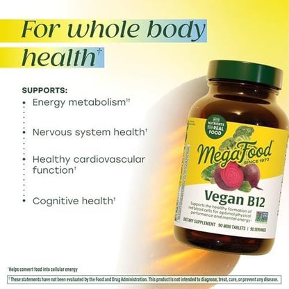 MegaFood Vegan Vitamin B12 mit Vitamin B6, B12 und Folsäure – Unterstützt den Energiestoffwechsel, das Nervensystem und die Herz-Kreislauf-Funktion – 30 Minitabletten
