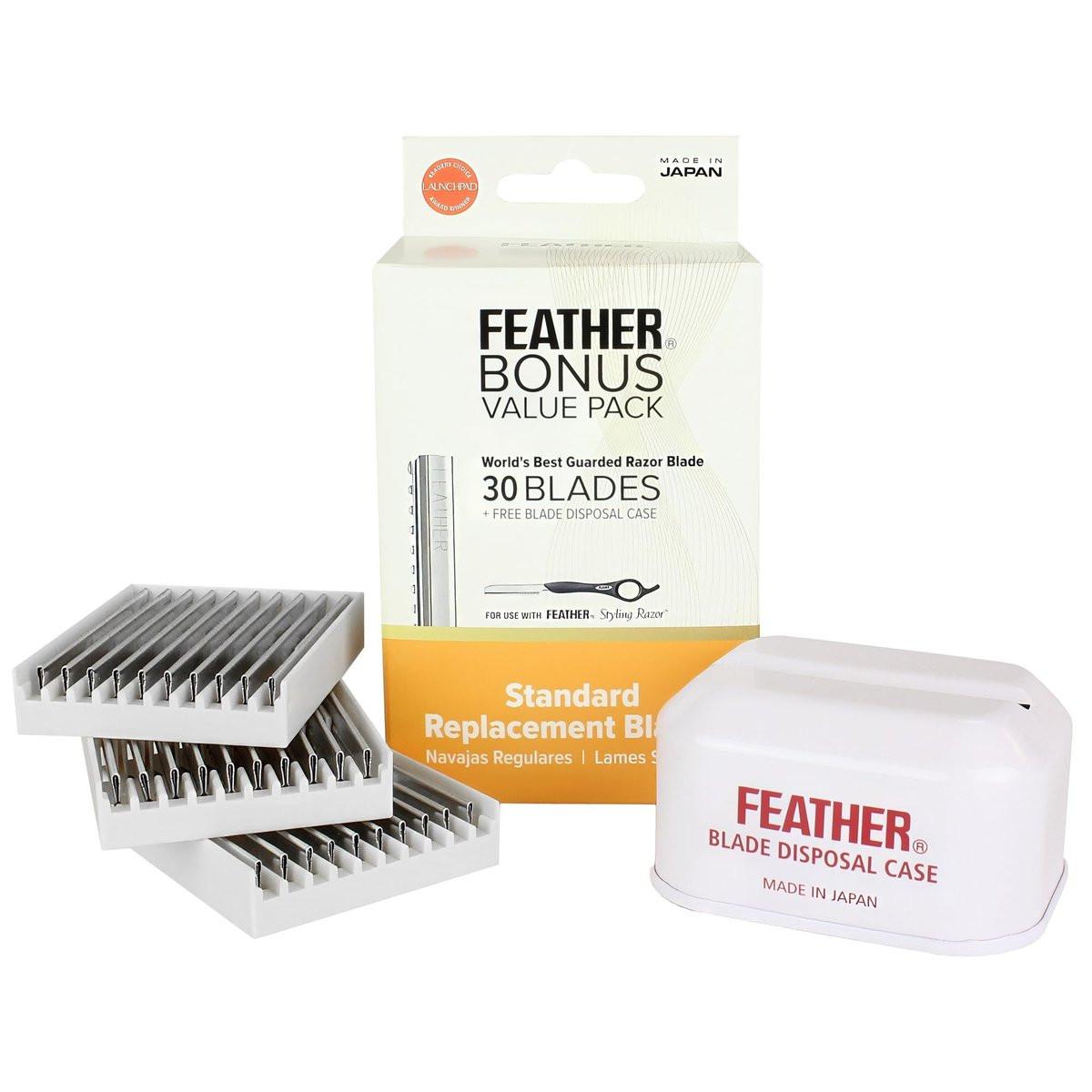 Feather Bonus Value Pack, Styling Razor Standard Klingen – Professionelle Haarschneideklingen für Styling, Formen, Ausdünnen – Einzelschneideklinge mit Schutz – Hergestellt in Japan – 30 Stück + 1 Klingenentsorgungsbox