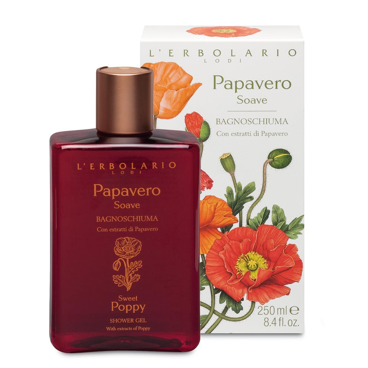 L'Erbolario Duschgel – Antioxidierendes und feuchtigkeitsspendendes Duschbad – Tonisierende Körperseife für empfindliche Haut – Floraler Amberduft – Süßer Mohn – 250 ml