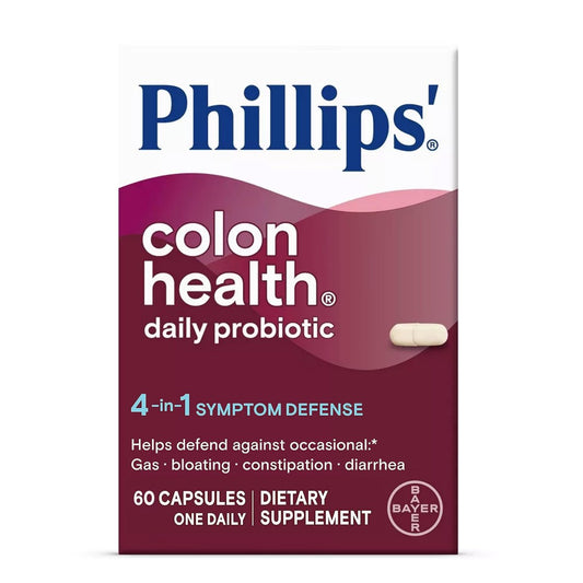 Phillips' Colon Health Tägliche Probiotika Kapseln, 4-in-1 Symptomabwehr gegen gelegentliche Blähungen, Völlegefühl, Verstopfung und Durchfall, 60 Kapseln