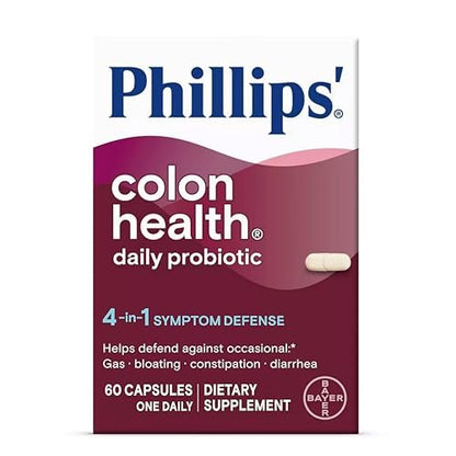 Phillips' Colon Health Tägliche Probiotika Kapseln, 4-in-1 Symptomabwehr gegen gelegentliche Blähungen, Völlegefühl, Verstopfung und Durchfall, 60 Kapseln