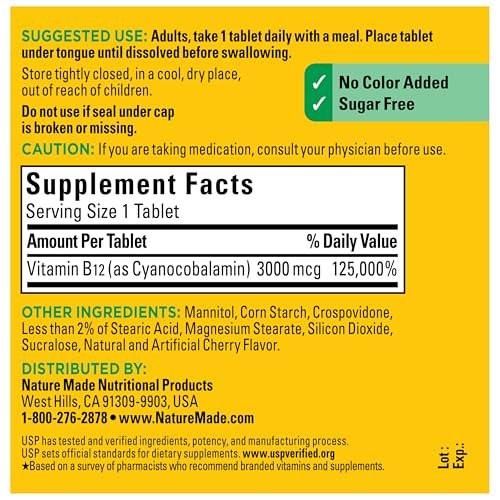 Nature Made Vitamin B12 3000 mcg – Sublinguale Lutschtabletten zur Unterstützung des Energiestoffwechsels, 40 zuckerfreie Tabletten, 40-Tage-Vorrat