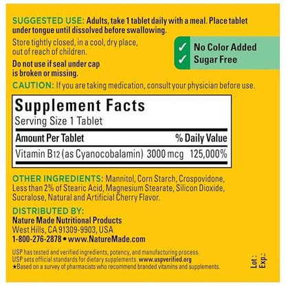 Nature Made Vitamin B12 3000 mcg – Sublinguale Lutschtabletten zur Unterstützung des Energiestoffwechsels, 40 zuckerfreie Tabletten, 40-Tage-Vorrat