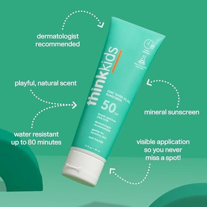 Thinkkids Mineral Sonnencreme SPF 50+ für Kinder – 3 Fl Oz, Natürlich, Wasserbeständig, Riffreundlich, Breitband UVA/UVB Sonnenschutz