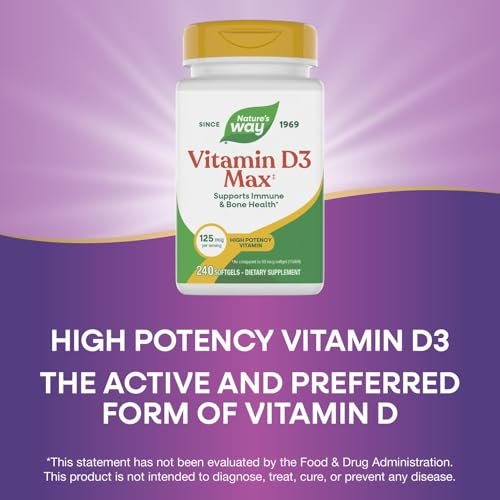 Nature's Way Vitamin D3 Max – Unterstützt gesunde Knochen & Zähne* und das Immunsystem*, 125 mcg pro Portion, 240 Softgels