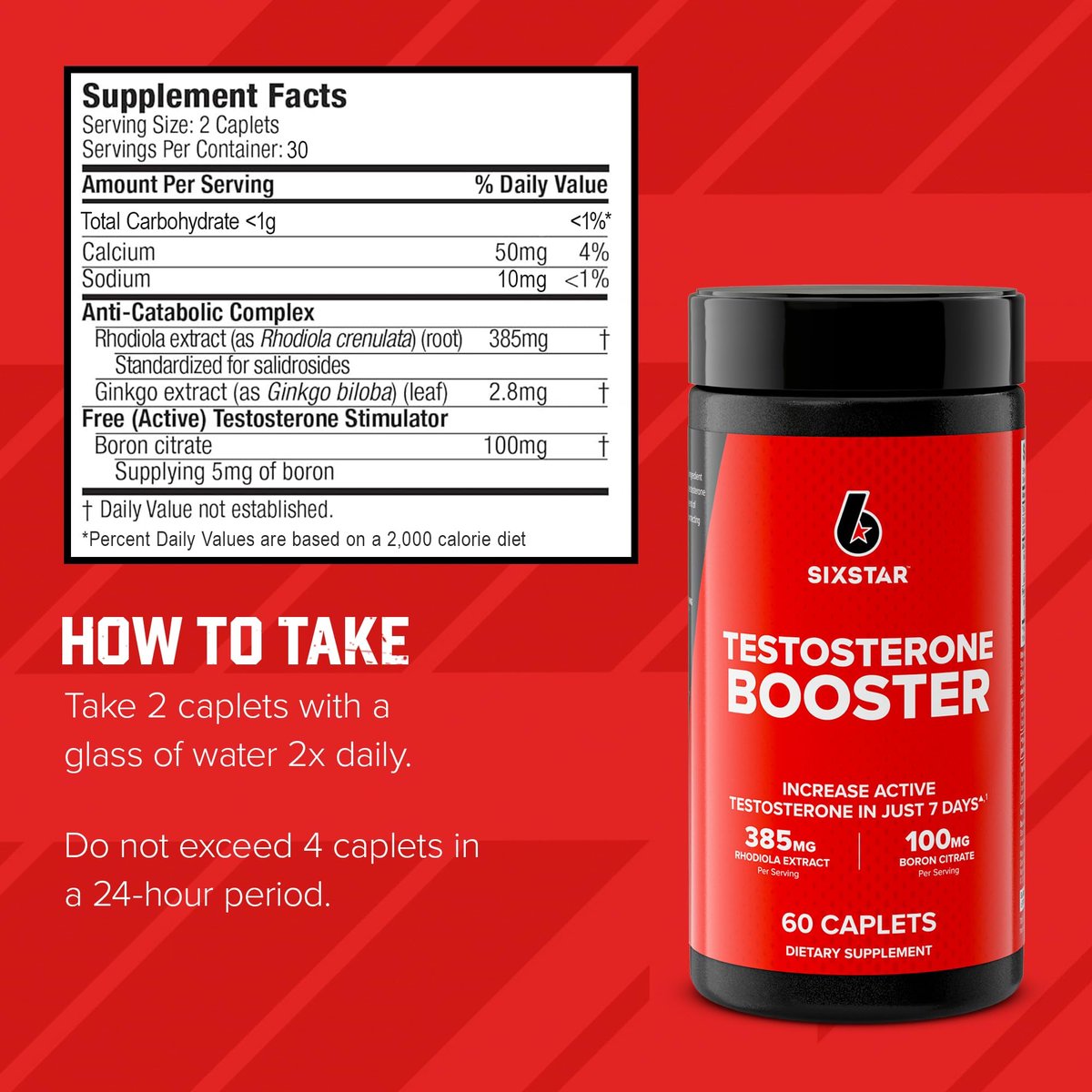 Six Star Testosteron Booster für Männer mit Rhodiola-Extrakt und Bor-Citrat – Nahrungsergänzungsmittel für Muskelwachstum, Ausdauer und Energie – 60 Kapseln