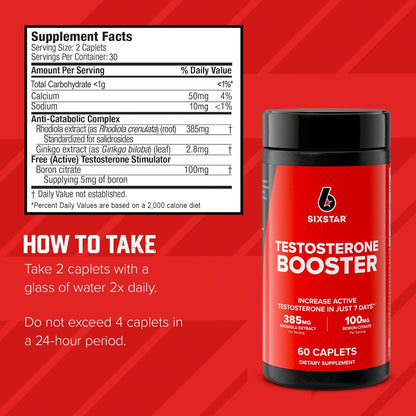 Six Star Testosteron Booster für Männer mit Rhodiola-Extrakt und Bor-Citrat – Nahrungsergänzungsmittel für Muskelwachstum, Ausdauer und Energie – 60 Kapseln