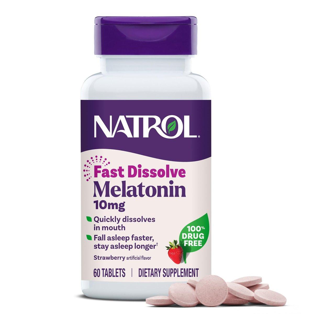 Natrol Melatonin 10mg Schnell lösliche Tabletten - Erdbeergeschmack, 60 Stück, Schlafunterstützung, Schnell lösliches Melatonin für Erwachsene, 60-Tage-Vorrat