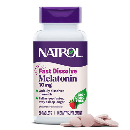 Natrol Melatonin 10mg Schnell lösliche Tabletten - Erdbeergeschmack, 60 Stück, Schlafunterstützung, Schnell lösliches Melatonin für Erwachsene, 60-Tage-Vorrat