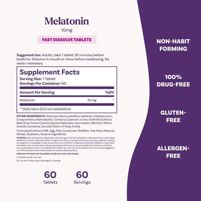 Natrol Melatonin 10mg Schnell lösliche Tabletten - Erdbeergeschmack, 60 Stück, Schlafunterstützung, Schnell lösliches Melatonin für Erwachsene, 60-Tage-Vorrat
