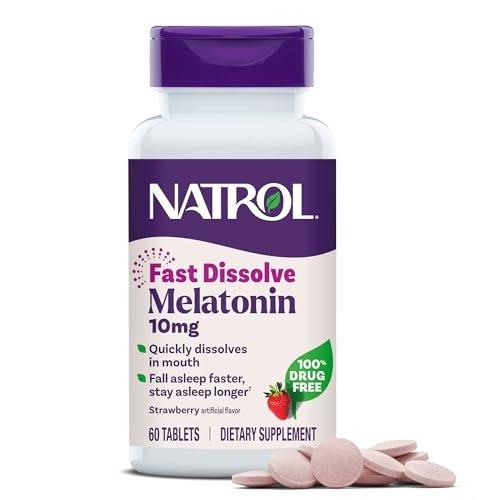 Natrol Melatonin 10mg Schnell lösliche Tabletten - Erdbeergeschmack, 60 Stück, Schlafunterstützung, Schnell lösliches Melatonin für Erwachsene, 60-Tage-Vorrat