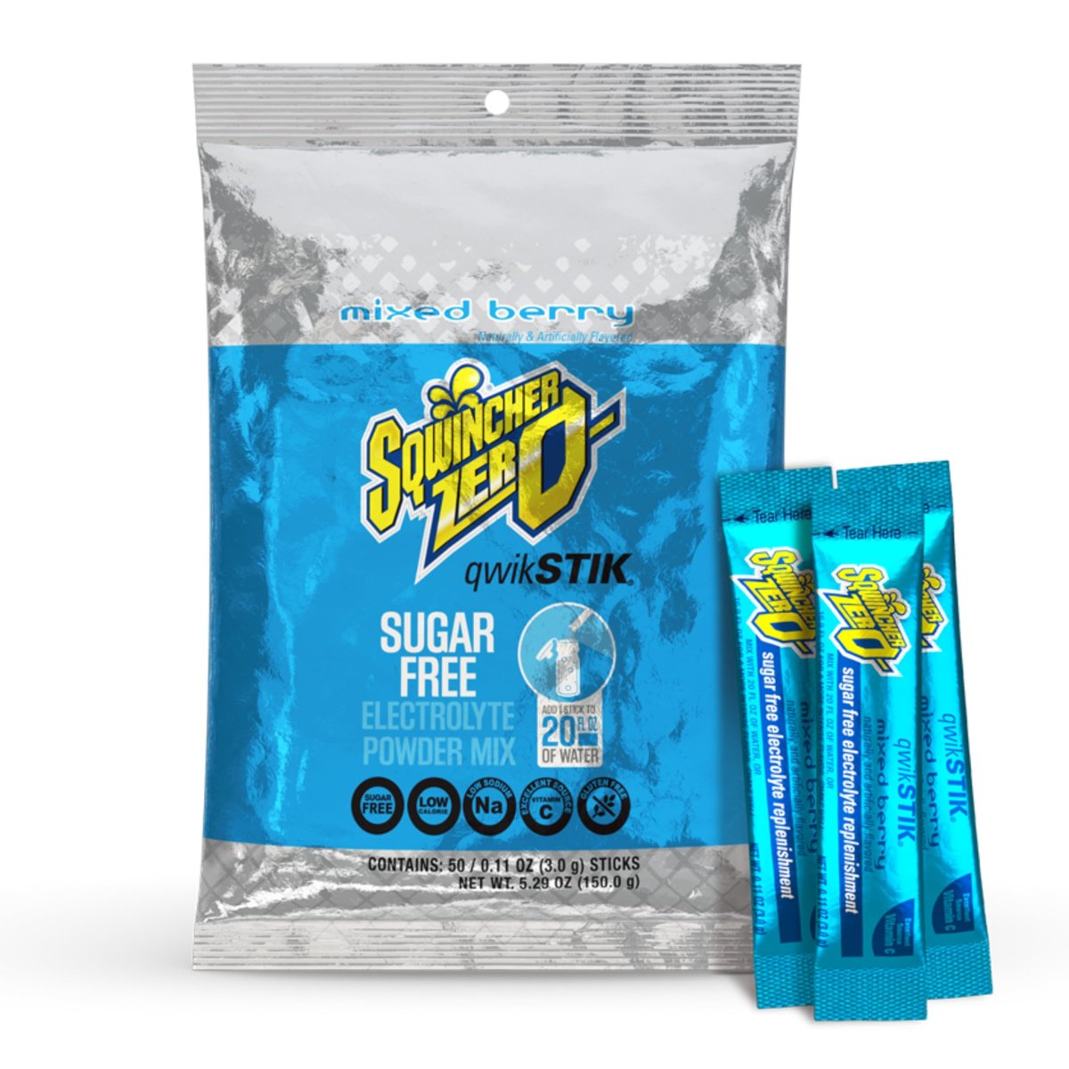 Sqwincher Zero Qwik Stik – Zuckerfreies Elektrolyt-Pulver, gemischte Beere, 0,11 oz Beutel (50er Pack)