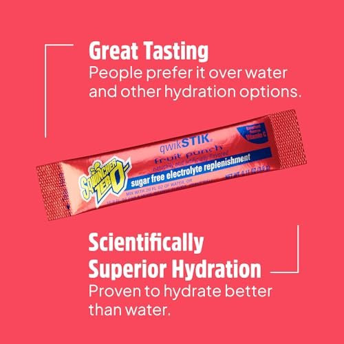 Sqwincher Zero Qwik Stik, Fruchtpunsch, Zuckerfrei, Kalorienarm, Natriumarmes Elektrolyt-Pulver Hydrationsgetränk, 0,11 oz Beutel (Packung mit 50)