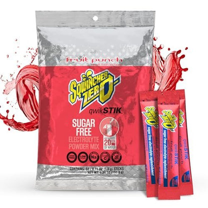 Sqwincher Zero Qwik Stik, Fruchtpunsch, Zuckerfrei, Kalorienarm, Natriumarmes Elektrolyt-Pulver Hydrationsgetränk, 0,11 oz Beutel (Packung mit 50)