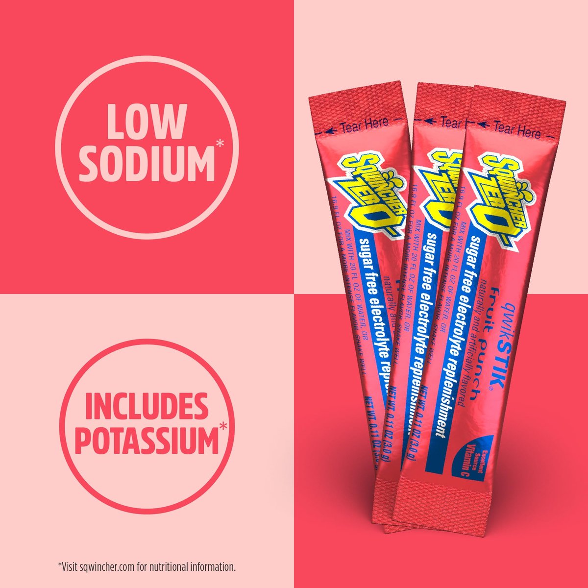 Sqwincher Zero Qwik Stik, Fruchtpunsch, Zuckerfrei, Kalorienarm, Natriumarmes Elektrolyt-Pulver Hydrationsgetränk, 0,11 oz Beutel (Packung mit 50)