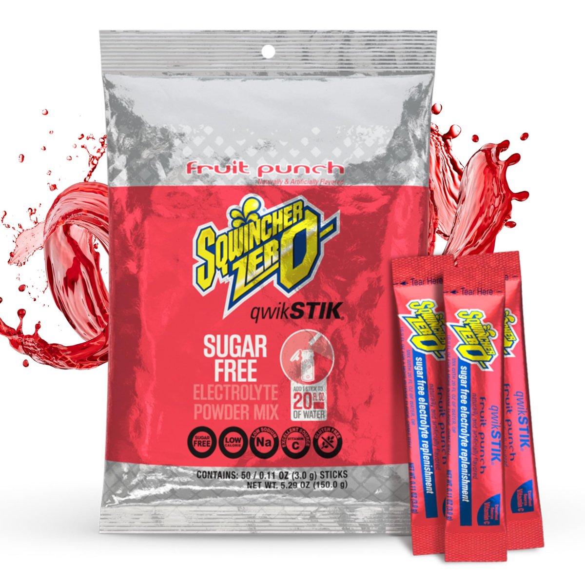 Sqwincher Zero Qwik Stik, Fruchtpunsch, Zuckerfrei, Kalorienarm, Natriumarmes Elektrolyt-Pulver Hydrationsgetränk, 0,11 oz Beutel (Packung mit 50)
