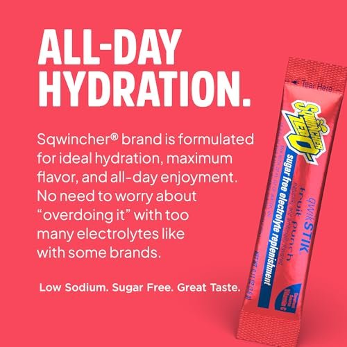 Sqwincher Zero Qwik Stik, Fruchtpunsch, Zuckerfrei, Kalorienarm, Natriumarmes Elektrolyt-Pulver Hydrationsgetränk, 0,11 oz Beutel (Packung mit 50)