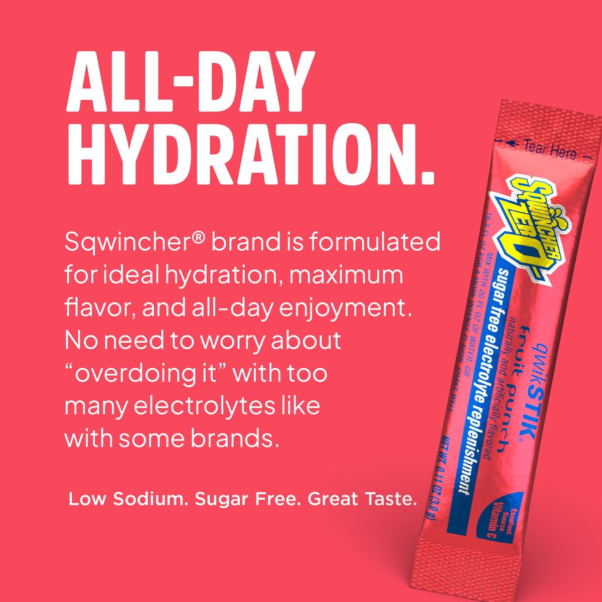 Sqwincher Zero Qwik Stik, Fruchtpunsch, Zuckerfrei, Kalorienarm, Natriumarmes Elektrolyt-Pulver Hydrationsgetränk, 0,11 oz Beutel (Packung mit 50)