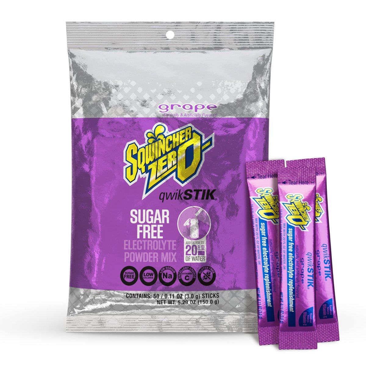 Sqwincher Zero Qwik Stik Traube – Zuckerfreies Elektrolyt-Pulver zur Hydration, 0,11 oz Beutel (Packung mit 50)