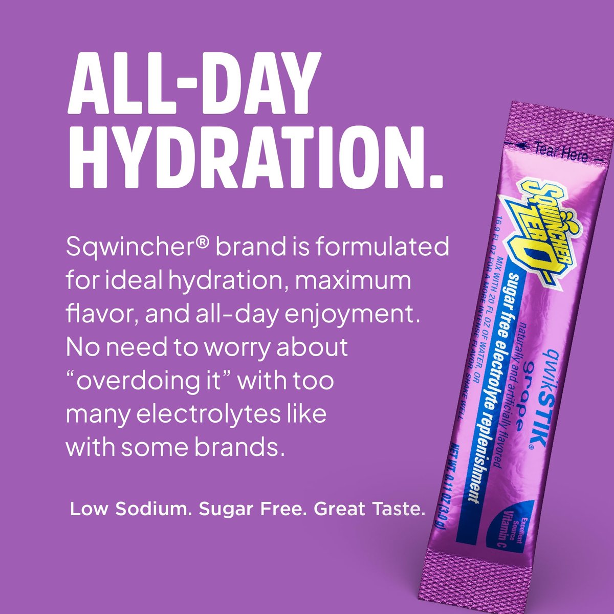 Sqwincher Zero Qwik Stik Traube – Zuckerfreies Elektrolyt-Pulver zur Hydration, 0,11 oz Beutel (Packung mit 50)