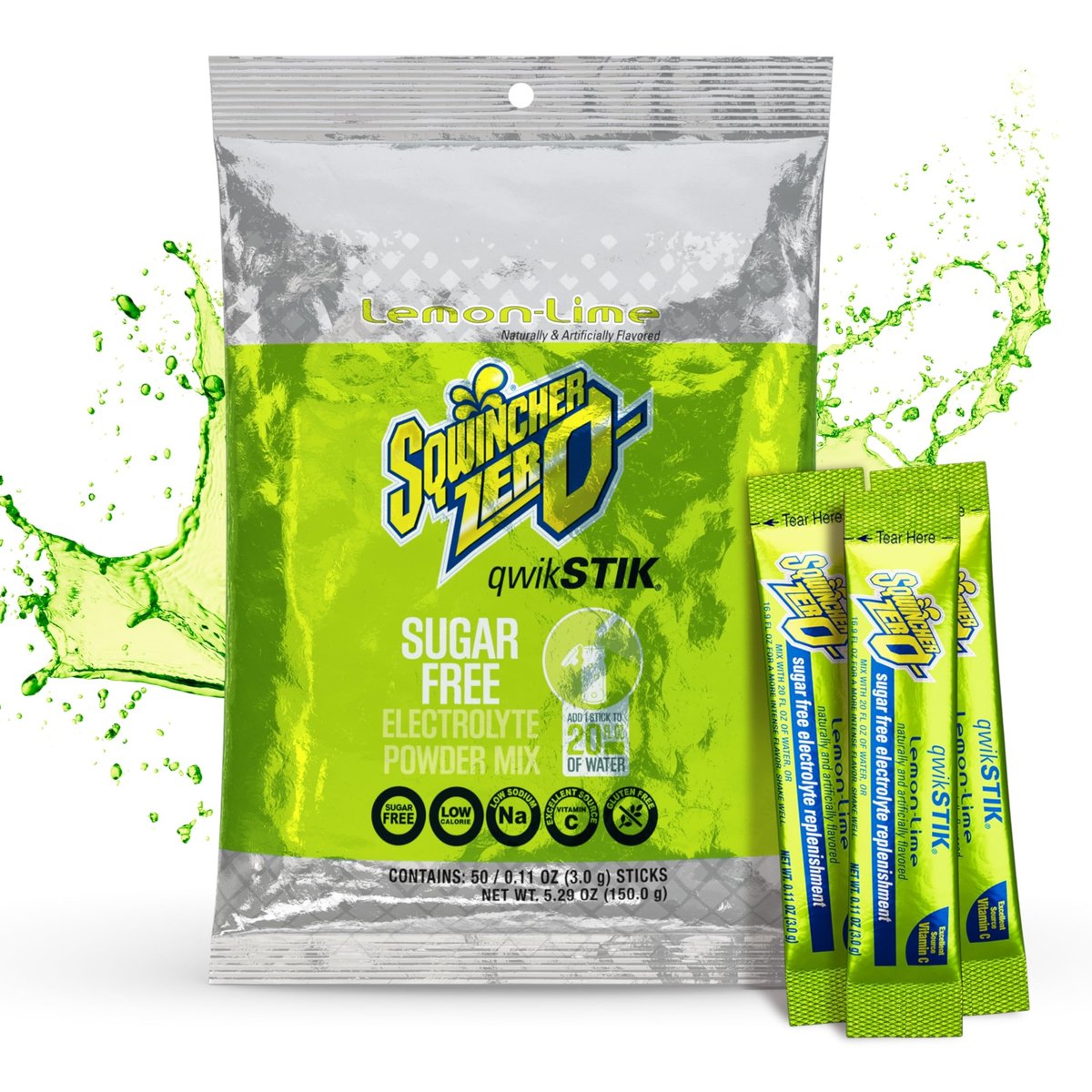 Sqwincher Quik Stik Zero Oral Electrolyte-Lösung mit Zitronen-Limetten-Geschmack, 0,11 oz. Beutel, 50 Stück
