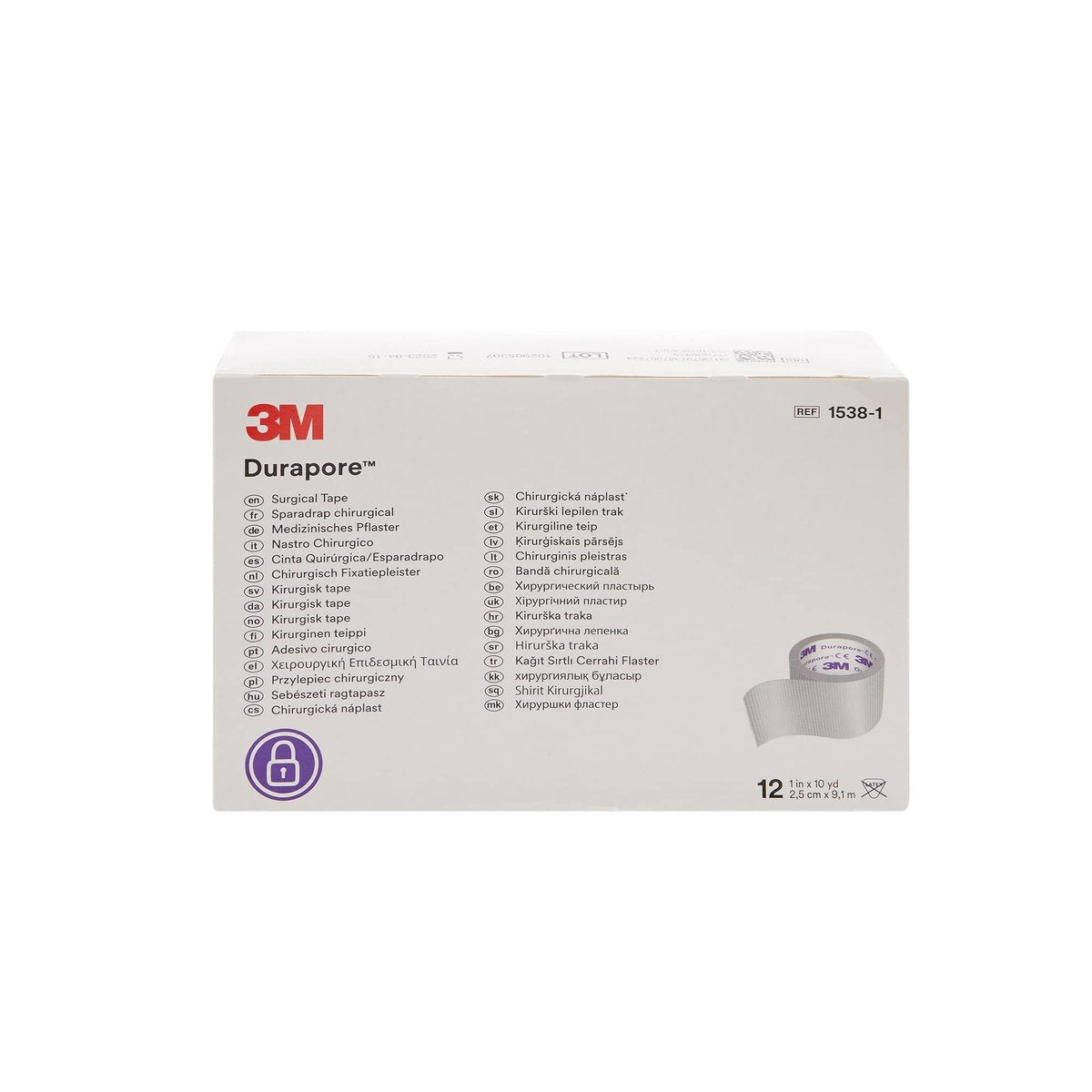 3M Durapore Medical Tape, nicht steril, seidenähnliches Gewebe, weiß, 1 Zoll x 10 Yards, 12 Rollen, 1 Packung
