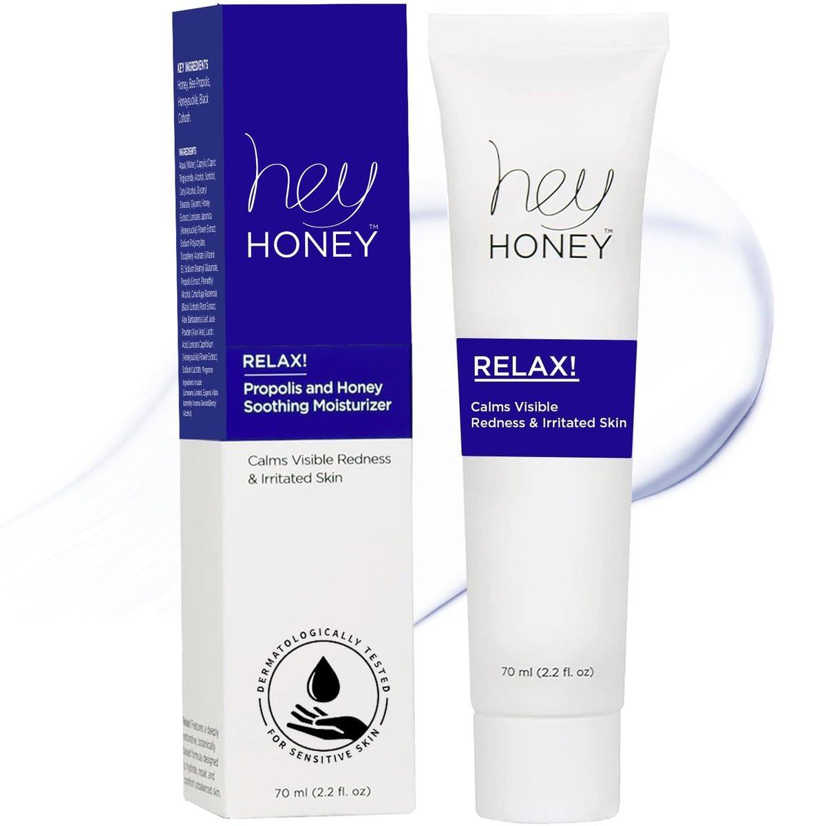 Hey Honey Skincare Relax – Beruhigende Feuchtigkeitscreme für empfindliche Haut bei Rötungen & Irritationen | Dermatologisch getestet, ölfrei mit Honig & Propolis | 62 g
