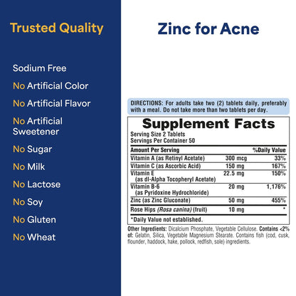 Puritan's Pride Zink für unreine Haut mit Vitamin C, B-6, A und E – 100 Tabletten – Nahrungsergänzungsmittel für klare, gesunde Haut und Immunsystem