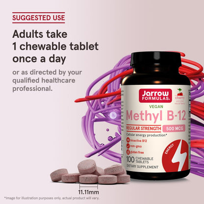 Jarrow Formulas® Methyl B-12 Tabletten, 500 mg, Nahrungsergänzungsmittel für zelluläre Energieproduktion und Gehirngesundheit, 100 Kirschgeschmack Kautabletten, 100-Tage-Versorgung