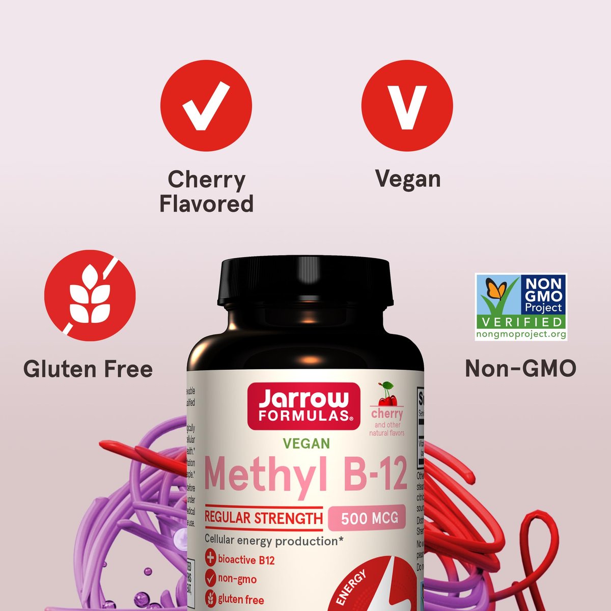 Jarrow Formulas® Methyl B-12 Tabletten, 500 mg, Nahrungsergänzungsmittel für zelluläre Energieproduktion und Gehirngesundheit, 100 Kirschgeschmack Kautabletten, 100-Tage-Versorgung