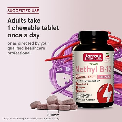 Jarrow Formulas® Methyl B-12 Tabletten, 500 mg, Nahrungsergänzungsmittel für zelluläre Energieproduktion und Gehirngesundheit, 100 Kirschgeschmack Kautabletten, 100-Tage-Versorgung