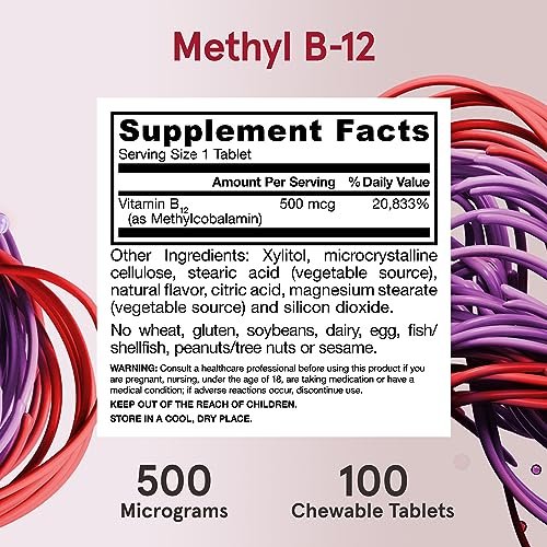 Jarrow Formulas® Methyl B-12 Tabletten, 500 mg, Nahrungsergänzungsmittel für zelluläre Energieproduktion und Gehirngesundheit, 100 Kirschgeschmack Kautabletten, 100-Tage-Versorgung