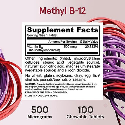 Jarrow Formulas® Methyl B-12 Tabletten, 500 mg, Nahrungsergänzungsmittel für zelluläre Energieproduktion und Gehirngesundheit, 100 Kirschgeschmack Kautabletten, 100-Tage-Versorgung